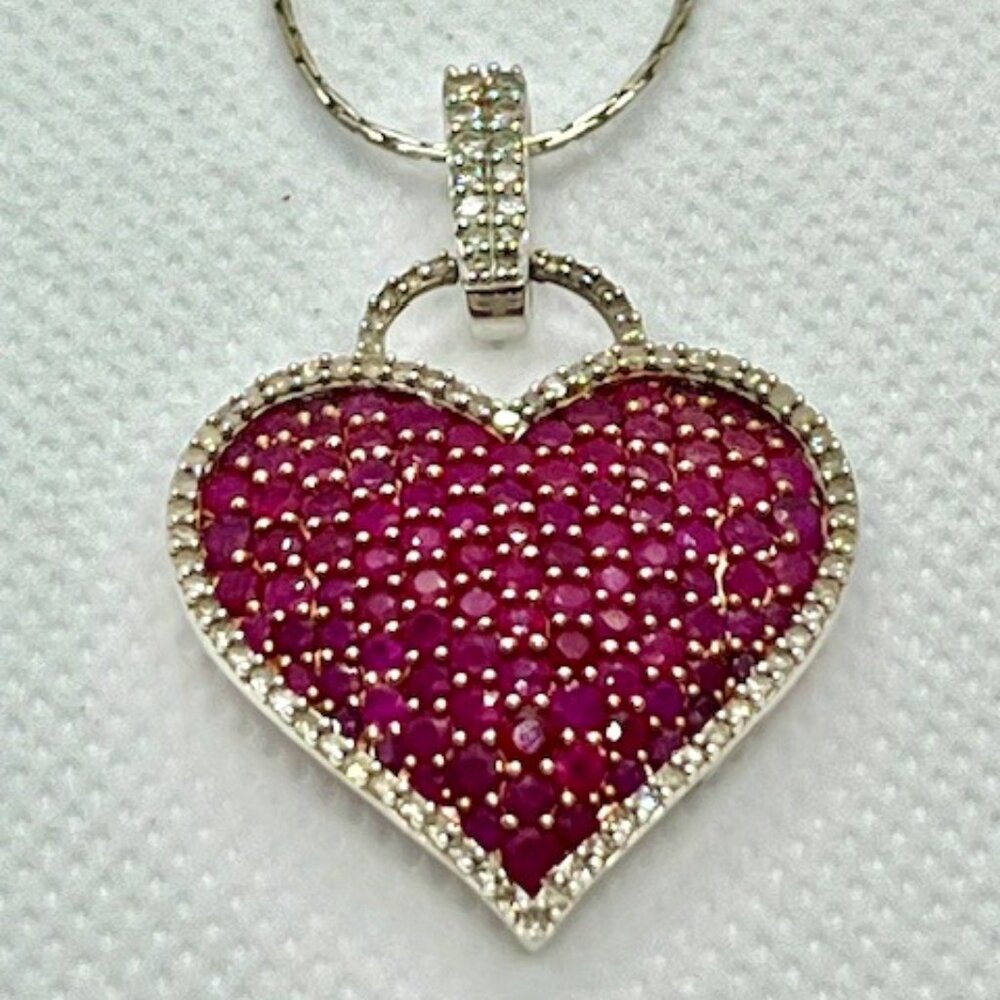 Macy's Ruby (6 1/2 ct) & Diamond (1/2 ct) Pave Heart Pendant in 14k White Gold